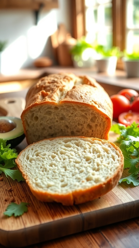 Sliced Whole30 sandwich bread on a cutting board with fresh vegetables.